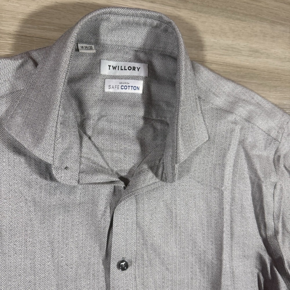Twillory Men's Button Up Shirt Gray Tailored Fit Herringbone Pattern Size 16